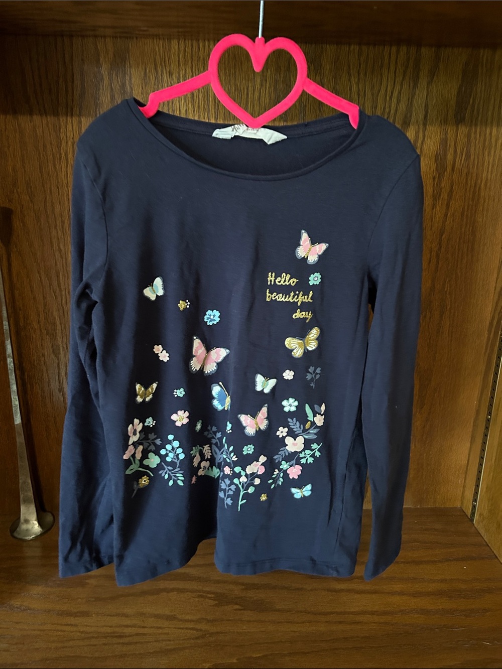 H&M Navy Long-Sleeve Tee with Multicolor Butterfly & Floral Print 8/10
